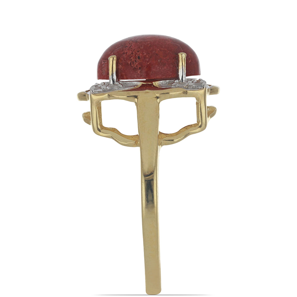 Anel de Prata com Banho de Ouro com Coral Esponja Vermelha e Topázio Branco Contraste: Cabeca de Veado (800)