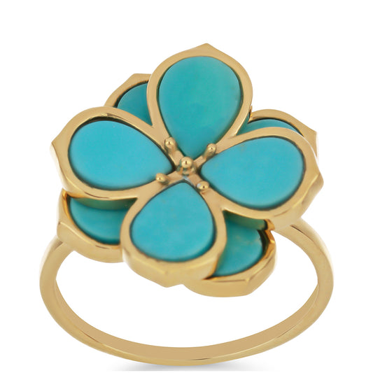 Anel de Prata com Banho de Ouro com Turquesa Bela Adormecida Contraste: Cabeca de Veado (800)