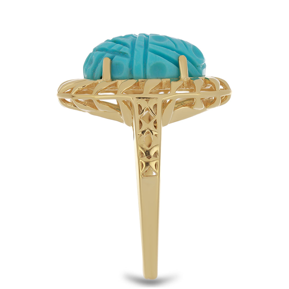 Anel de Prata com Banho de Ouro com Turquesa Bela Adormecida Contraste: Cabeca de Veado (800)