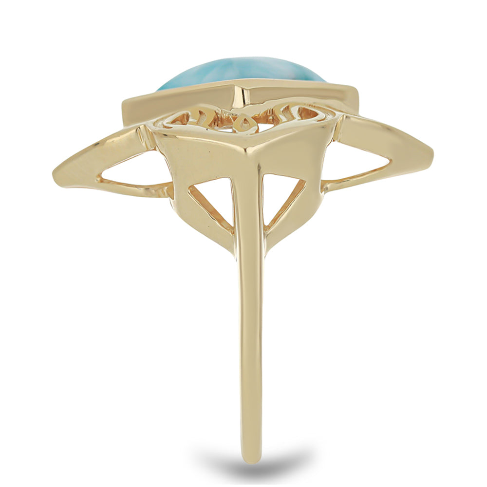 Anel de Prata com Banho de Ouro com Larimar Contraste: Cabeca de Veado (800)