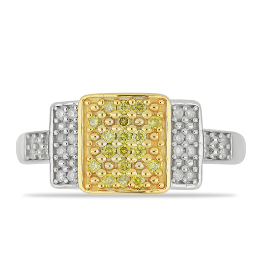 Anel de Prata com Banho de Ouro com Diamante Amarelo e Diamante Branco Contraste: Cabeca de Veado (800)