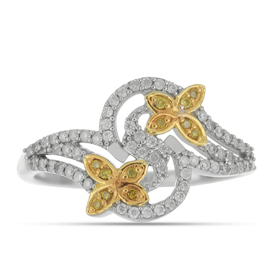 Anel de Prata com Banho de Ouro com Diamante Amarelo e Diamante Branco