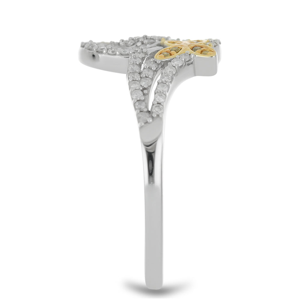 Anel de Prata com Banho de Ouro com Diamante Amarelo e Diamante Branco