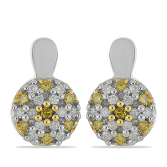 Brincos de Prata com Banho de Ouro com Diamante Amarelo e Diamante Branco