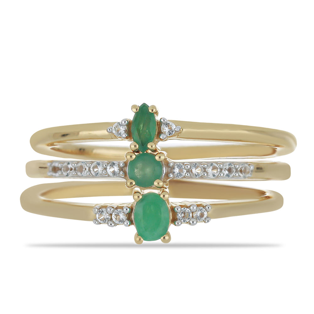 Conjunto de Prata com Banho de Ouro com Esmeralda do Brasil e Topázio Branco ( Anel ) Contraste: Cabeca de Veado (800)