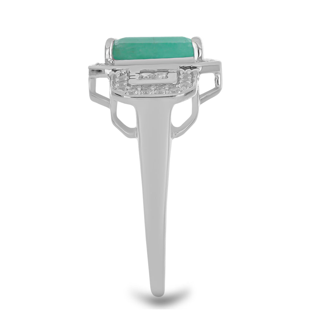 Anel de Prata com Esmeralda do Brasil e Zircão Branco Contraste: Cabeca de Veado (800)