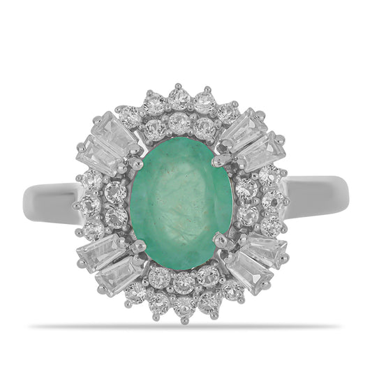 Anel de Prata com Esmeralda do Brasil e Zircão Branco Contraste: Cabeca de Veado (800)