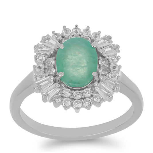 Anel de Prata com Esmeralda do Brasil e Zircão Branco Contraste: Cabeca de Veado (800)