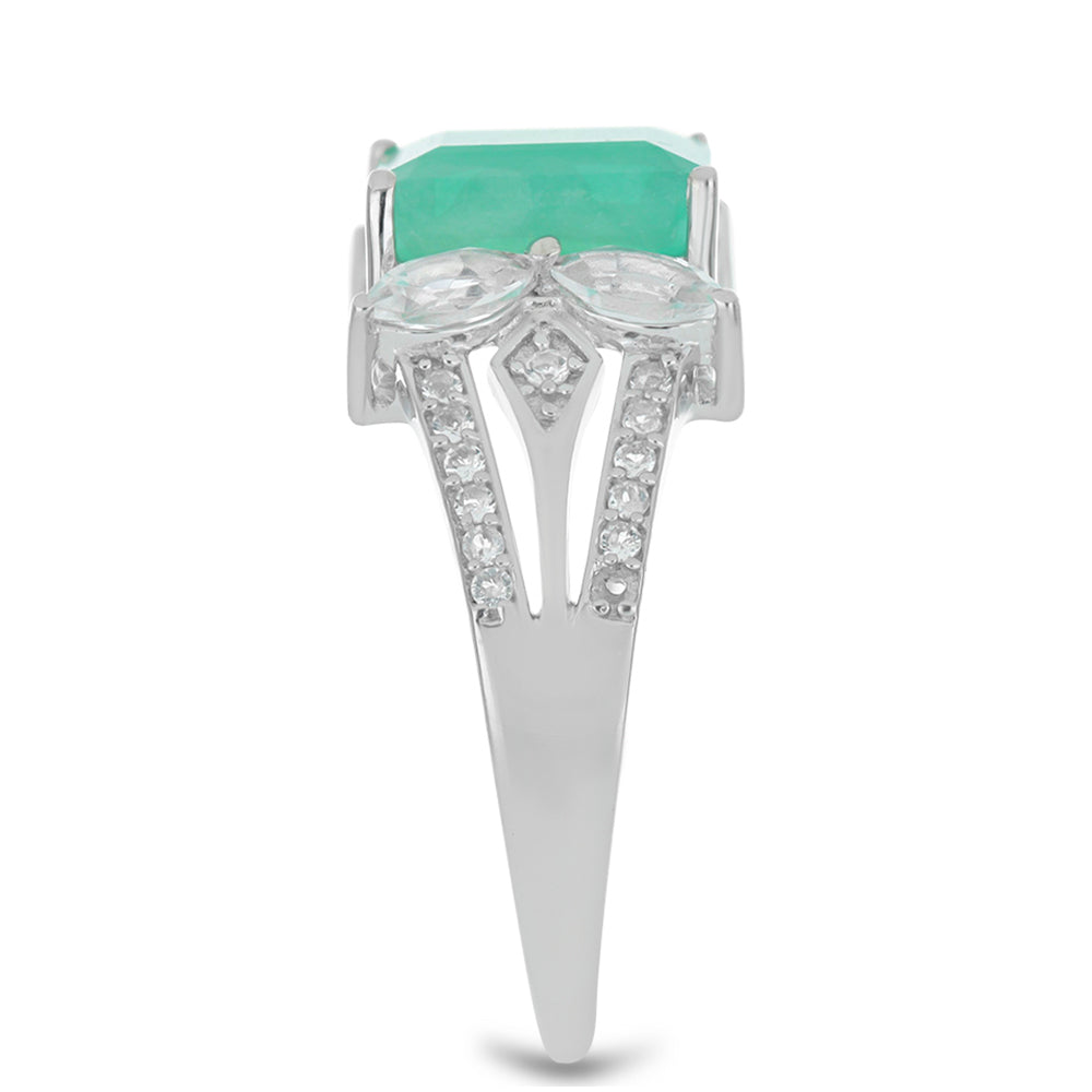 Anel de Prata com Esmeralda do Brasil e Topázio Branco Contraste: Cabeca de Veado (800)