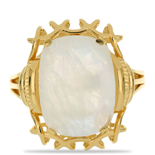 Anel de Prata com Banho de Ouro com Pedra da Lua Arco-íris Contraste: Cabeca de Veado (800)