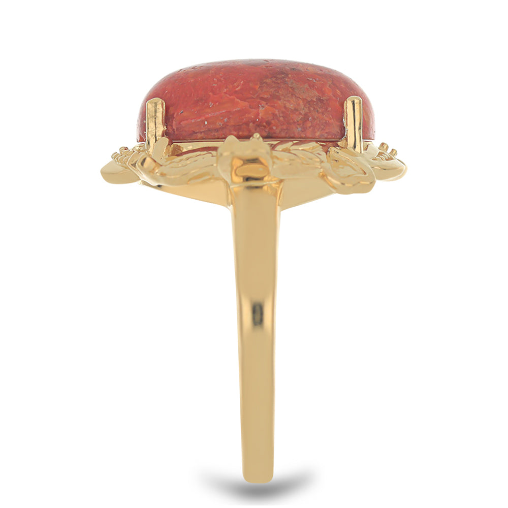 Anel de Prata com Banho de Ouro com Coral Esponja Vermelha Contraste: Cabeca de Veado (800)