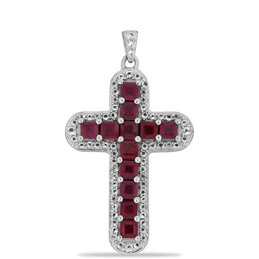 Cruz Pendente de Prata com Rubi de Madagáscar e Topázio Branco Contraste: Cabeca de Veado (800)