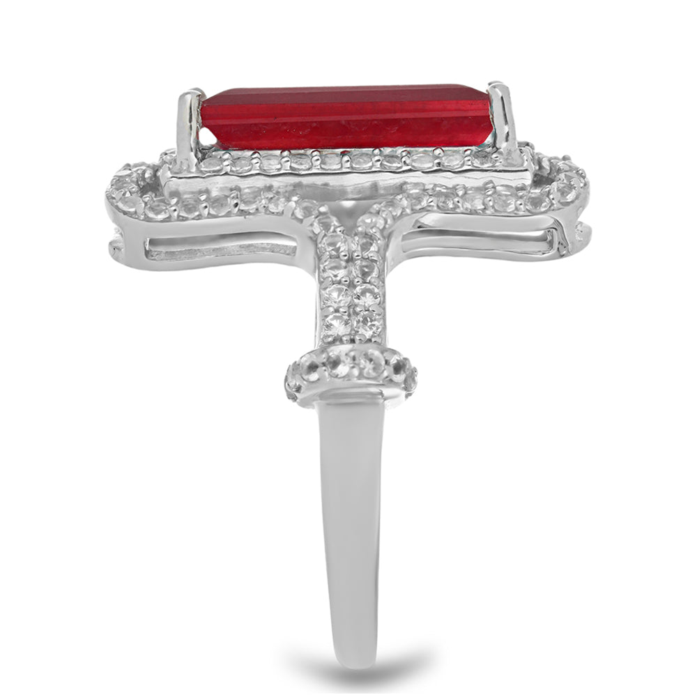 Anel de Prata com Rubi de Madagáscar e Topázio Branco Contraste: Cabeca de Veado (800)