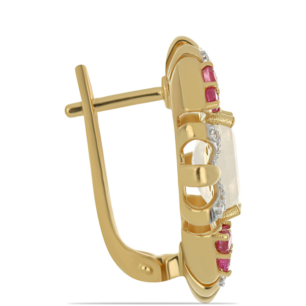 Brincos de Prata com Banho de Ouro com Pedra da Lua Arco-íris e Rubi de Madagáscar Contraste: Cabeca de Veado (800)