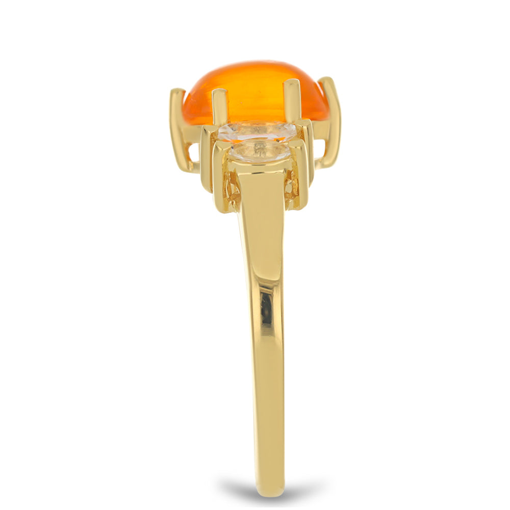 Anel de Prata com Banho de Ouro com Opala Fogo de Lega Dembi e Topázio Branco Contraste: Cabeca de Veado (800)