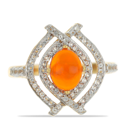 Anel de Prata com Banho de Ouro com Opala Fogo de Lega Dembi e Topázio Branco Contraste: Cabeca de Veado (800)