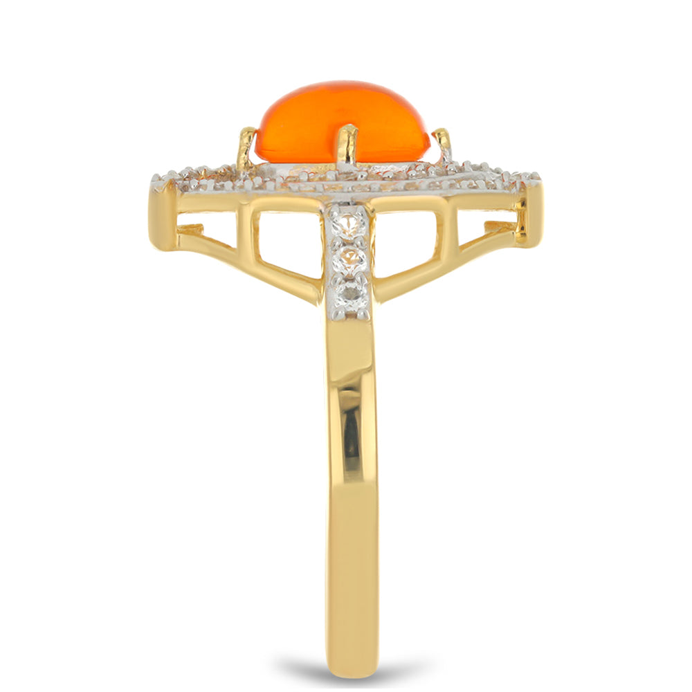 Anel de Prata com Banho de Ouro com Opala Fogo de Lega Dembi e Topázio Branco Contraste: Cabeca de Veado (800)
