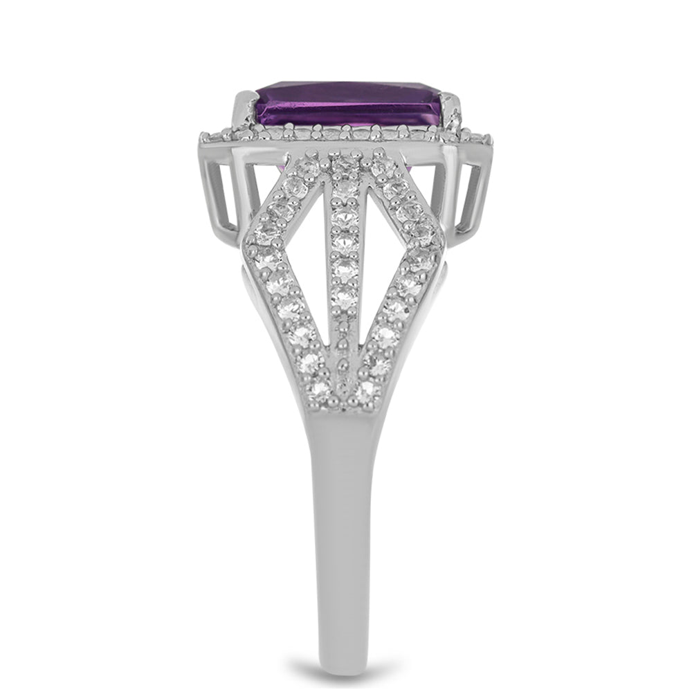 Anel de Prata com Ametista de Vera Cruz e Topázio Branco Contraste: Cabeca de Veado (800)