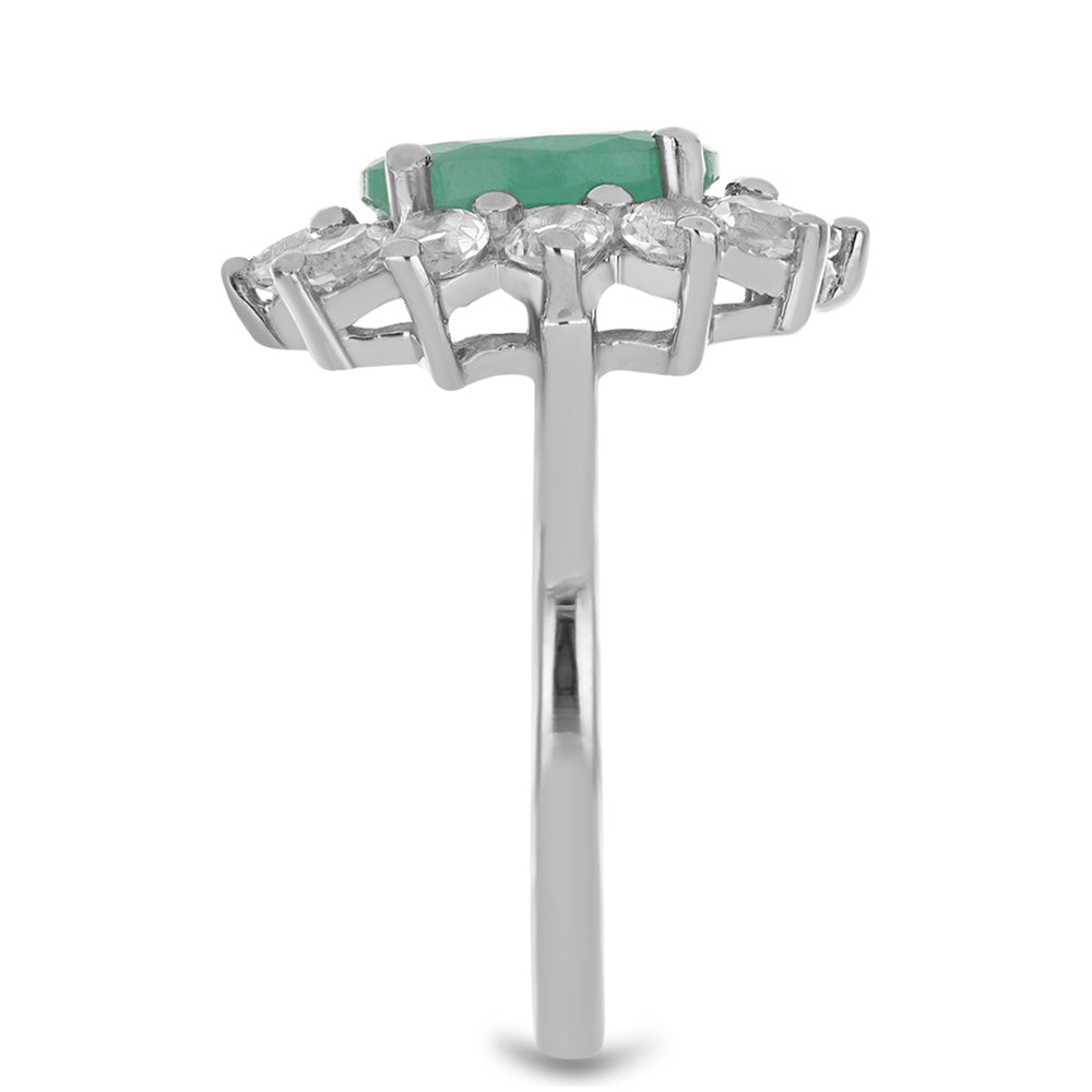 Anel de Prata com Esmeralda do Brasil e Topázio Branco Contraste: Cabeca de Veado (800)