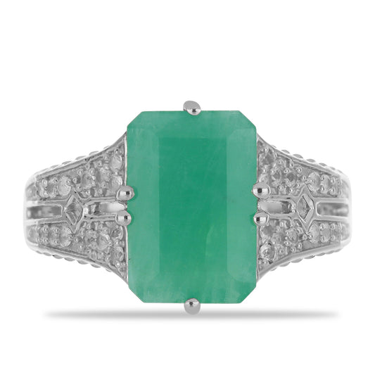 Anel de Prata com Esmeralda do Brasil e Topázio Branco Contraste: Cabeca de Veado (800)