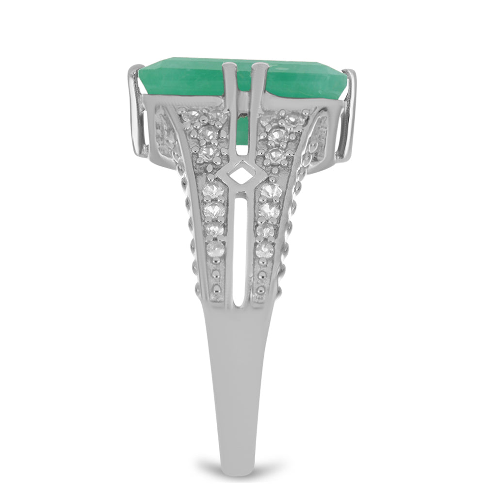 Anel de Prata com Esmeralda do Brasil e Topázio Branco Contraste: Cabeca de Veado (800)