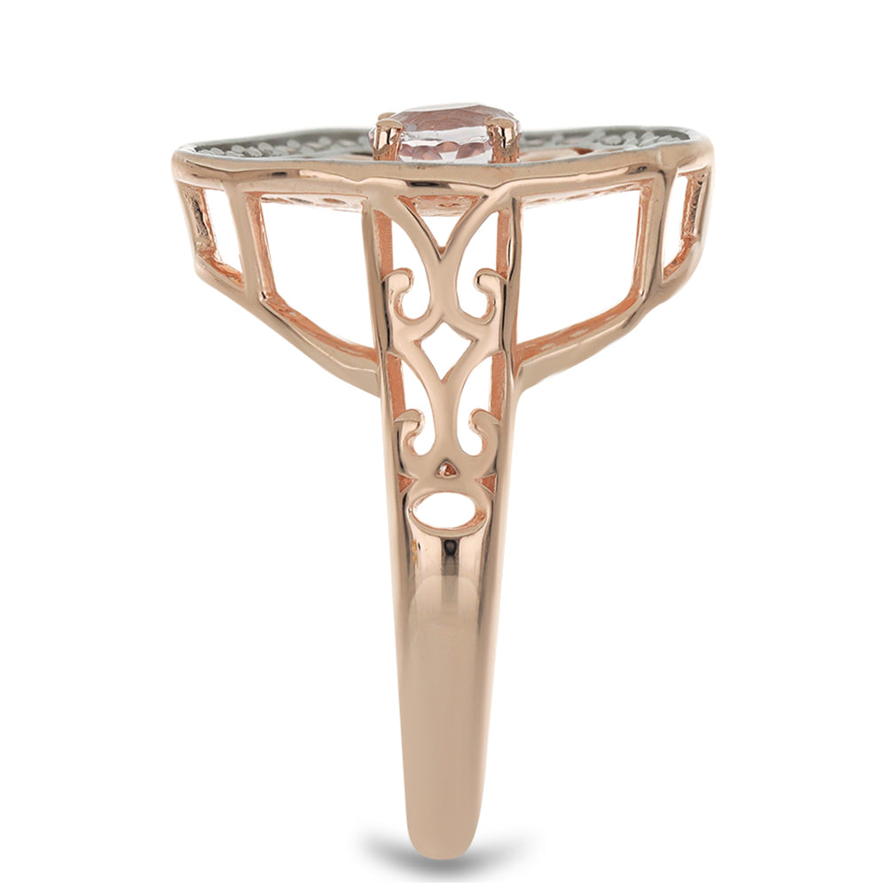 Anel de Prata com Banho de Ouro Rosa com Kunzita de Pala e Topázio Branco Contraste: Cabeca de Veado (800)