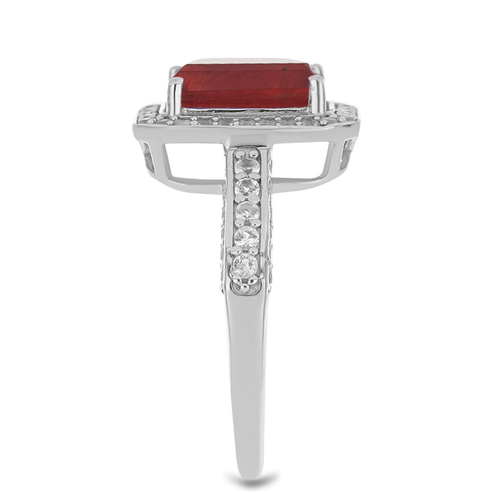 Anel de Prata com Rubi de Madagáscar e Topázio Branco Contraste: Cabeca de Veado (800)