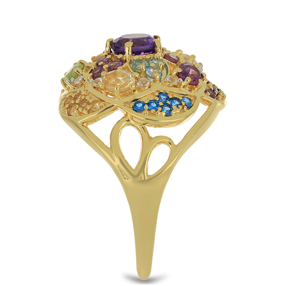 Anel de Prata com Banho de Ouro com Granada Rhodolite das Minas Moatize e Citrino de Ural Contraste: Cabeca de Veado (800)