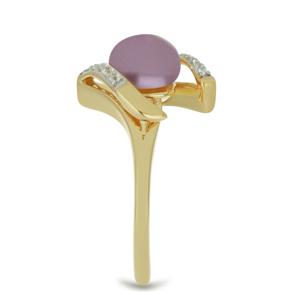 Anel de Prata com Banho de Ouro com Pérola de Água Doce Roxo e Topázio Branco Contraste: Cabeca de Veado (800)