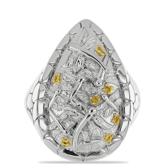 Anel de Prata com Banho de Ouro com Citrino de Ural Contraste: Cabeca de Veado (800)