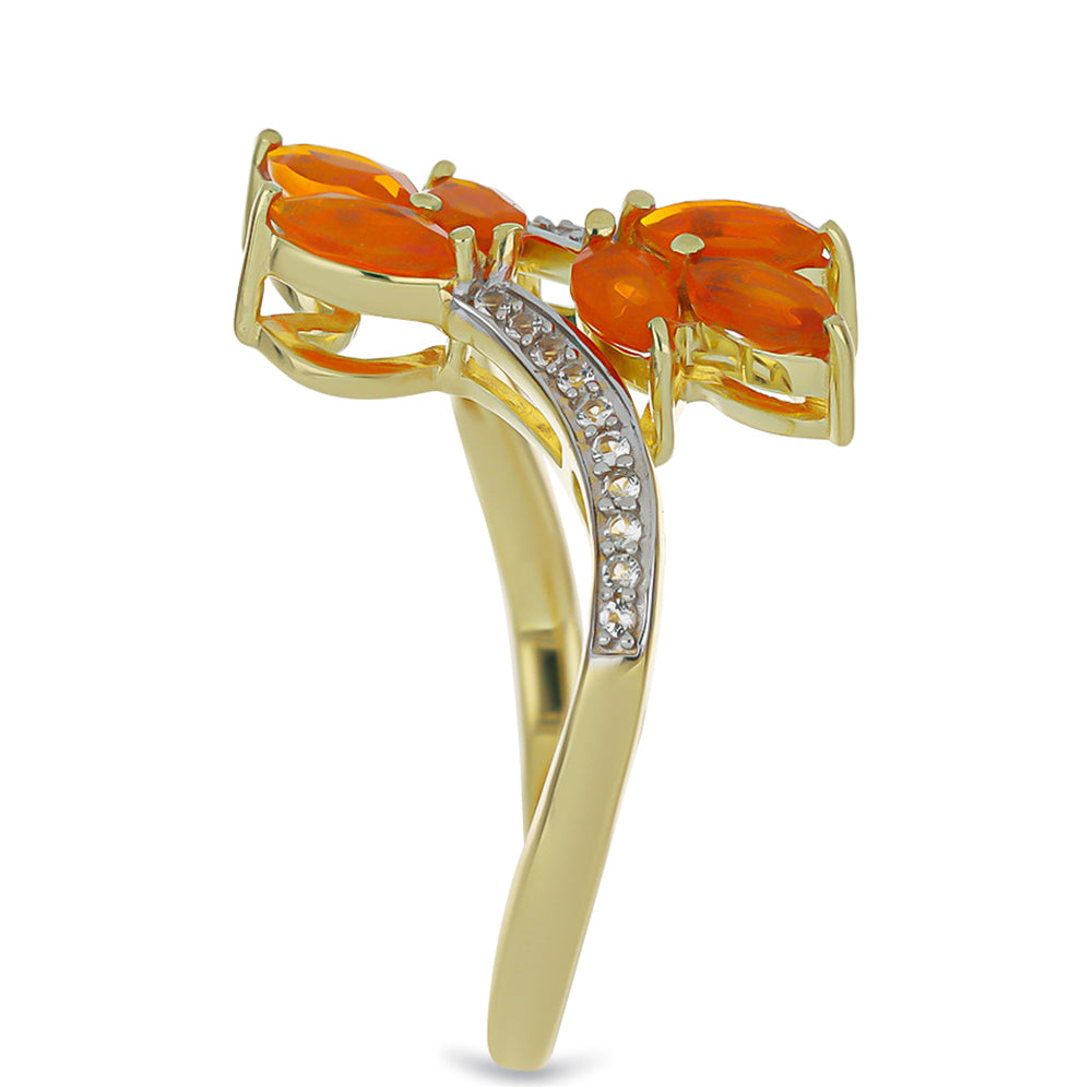 Anel de Prata com Banho de Ouro com Opala Fogo de Lega Dembi e Topázio Branco Contraste: Cabeca de Veado (800)