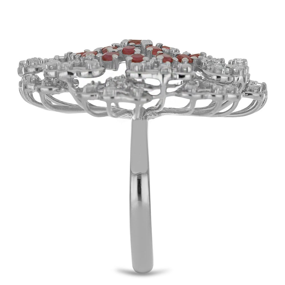 Anel de Prata com Rubi de Madagáscar e Topázio Branco Contraste: Cabeca de Veado (800)