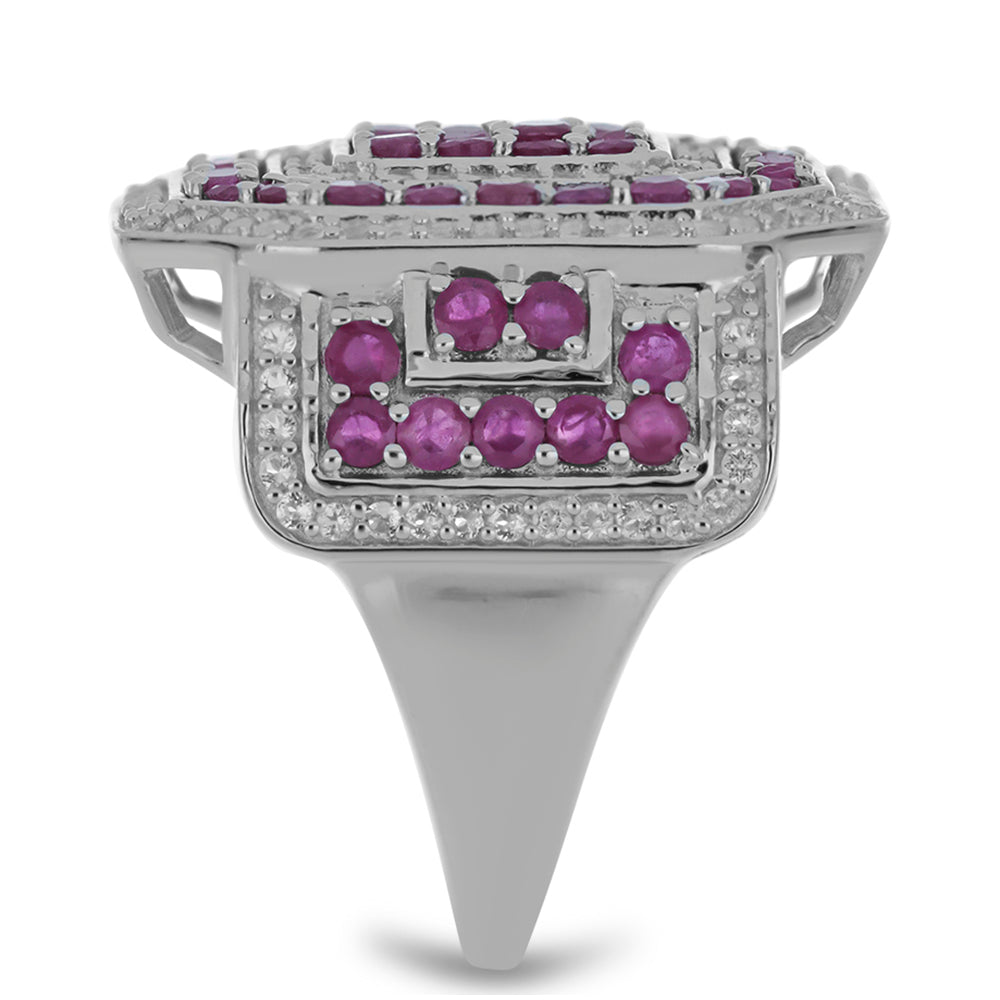 Anel de Prata com Rubi de Madagáscar e Topázio Branco Contraste: Cabeca de Veado (800)