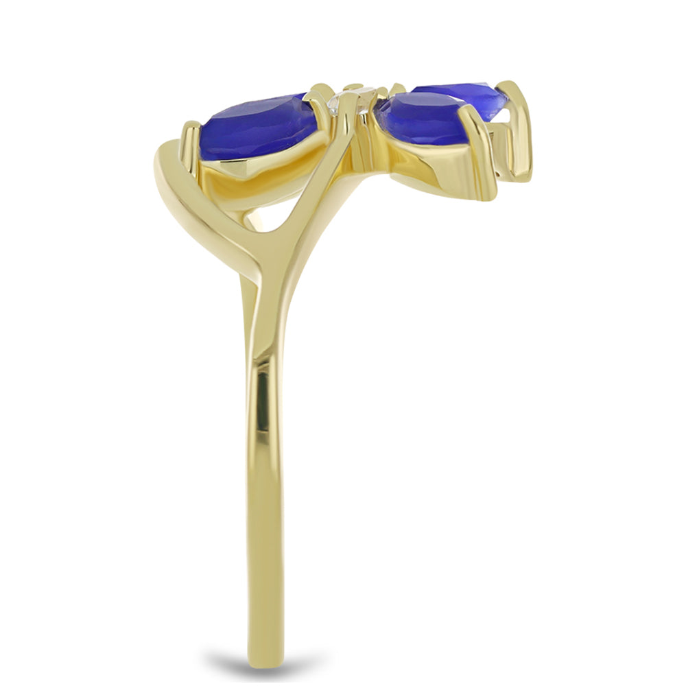 Anel de Prata com Banho de Ouro com Ágata Azul e Topázio Branco Contraste: Cabeca de Veado (800)