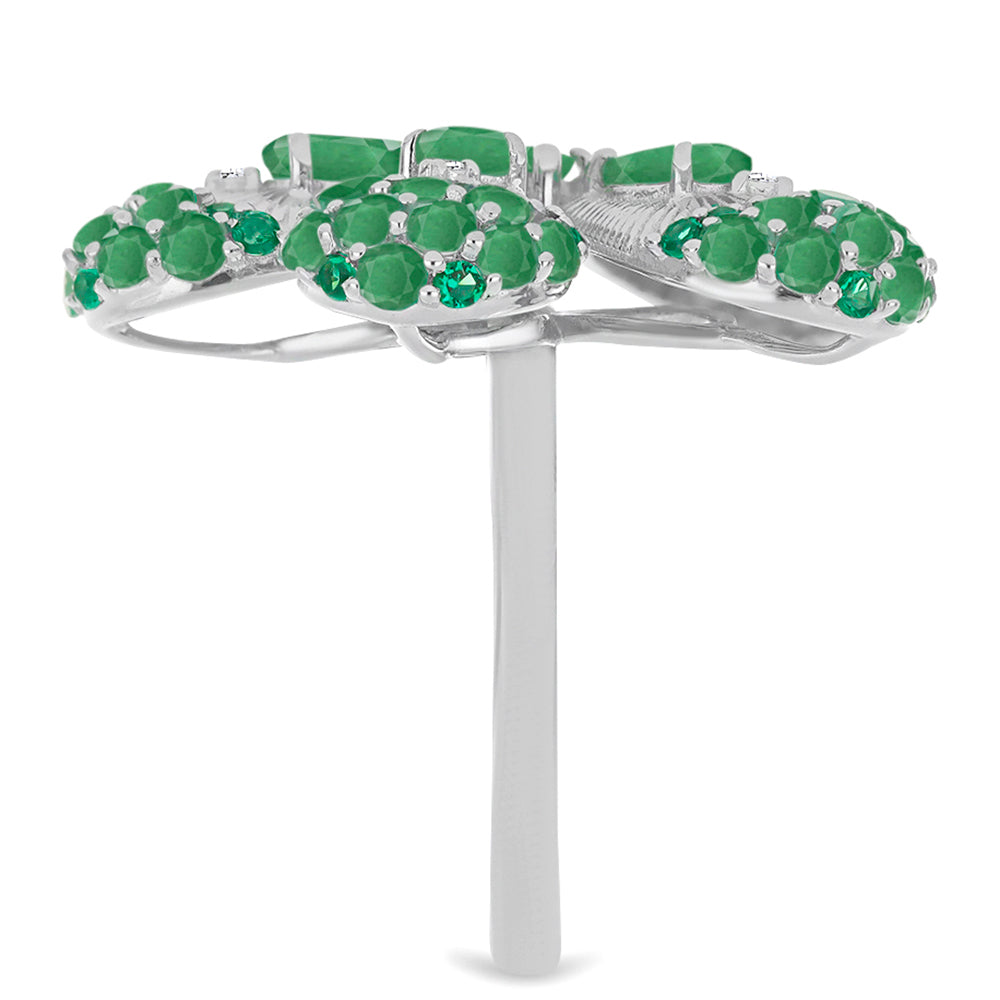 Anel de Prata com Esmeralda do Brasil e Diamante Branco Contraste: Cabeca de Veado (800)