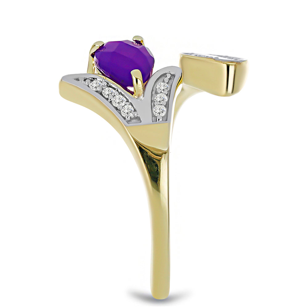 Anel de Prata com Banho de Ouro com Ágata Roxa e Topázio Branco Contraste: Cabeca de Veado (800)