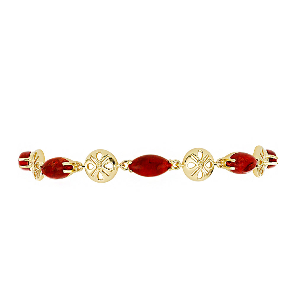 Pulseira de Prata com Banho de Ouro com Coral Vermelho Contraste: Cabeca de Veado (800)