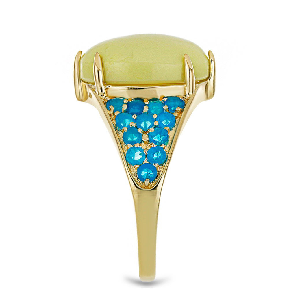 Anel de Prata com Banho de Ouro com Serpentina Amarela e Opala Azul Paraib da Etiópia Contraste: Cabeca de Veado (800)