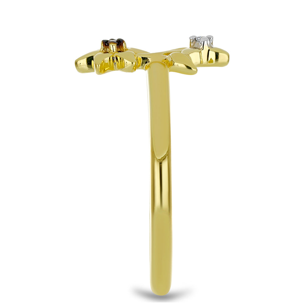 Anel de Prata com Banho de Ouro com Diamante Vermelho e Diamante Branco Contraste: Cabeca de Veado (800)