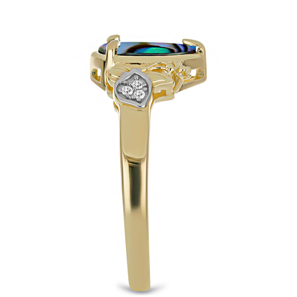 Anel de Prata com Banho de Ouro com Mãe da Pérola Negra e Topázio Branco Contraste: Cabeca de Veado (800)