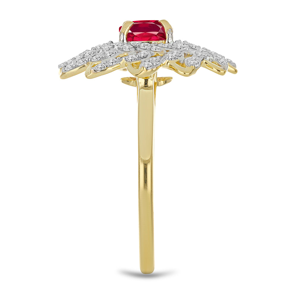 Anel de Prata com Banho de Ouro com Rubi de Madagáscar e Topázio Branco Contraste: Cabeca de Veado (800)