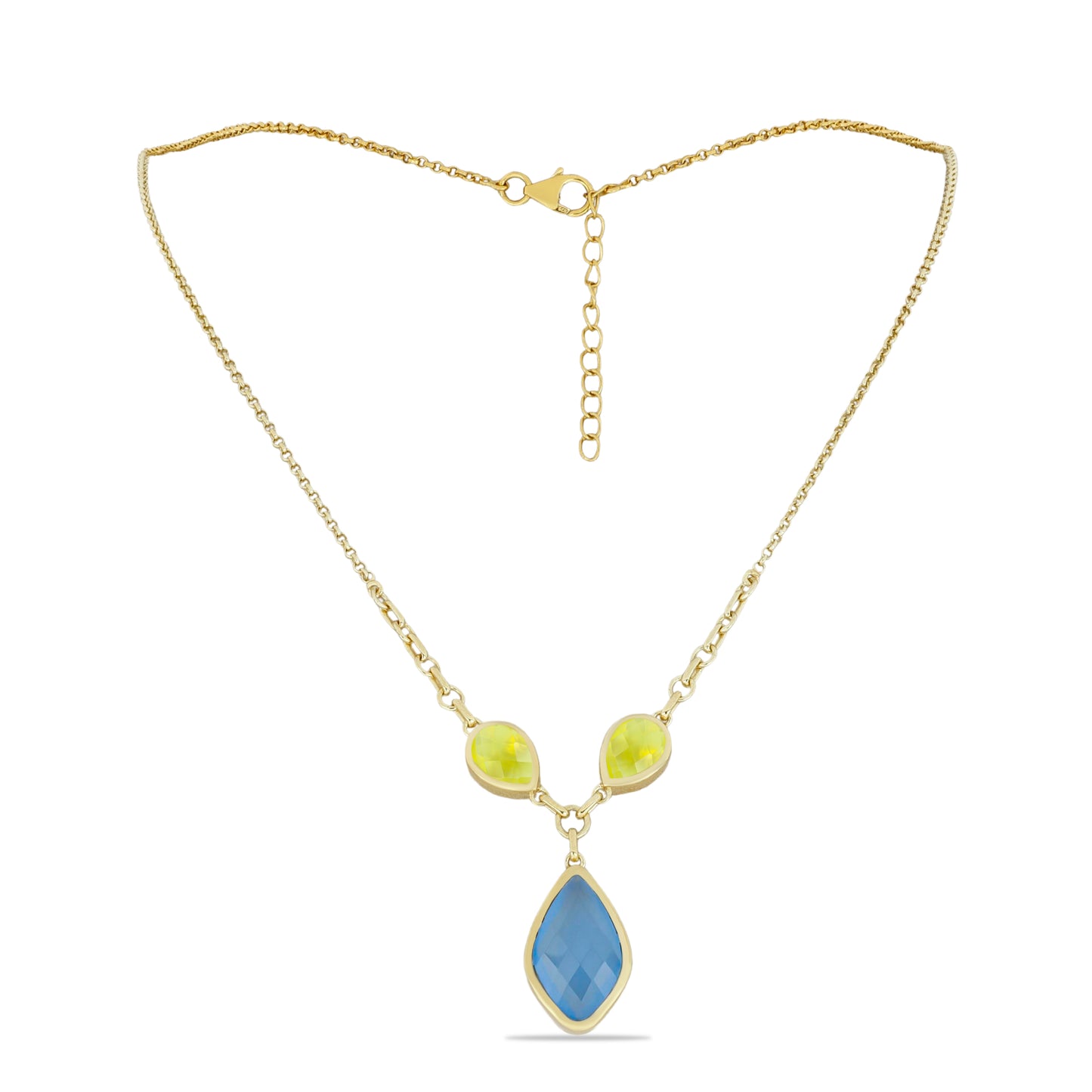 Colar de Prata com Banho de Ouro com Calcedônia Cor de Limão e Calcedônia Azul Contraste: Cabeca de Veado (800)