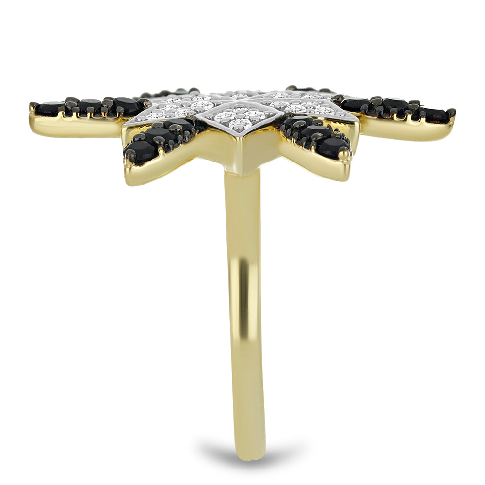 Anel de Prata com Banho de Ouro com Espinela Preta e Topázio Branco Contraste: Cabeca de Veado (800)