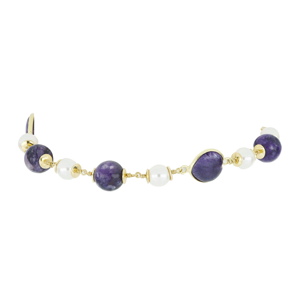 Pulseira de Prata com Banho de Ouro com Charoite e Pérola Branca de Água Doce Contraste: Cabeca de Veado (800)