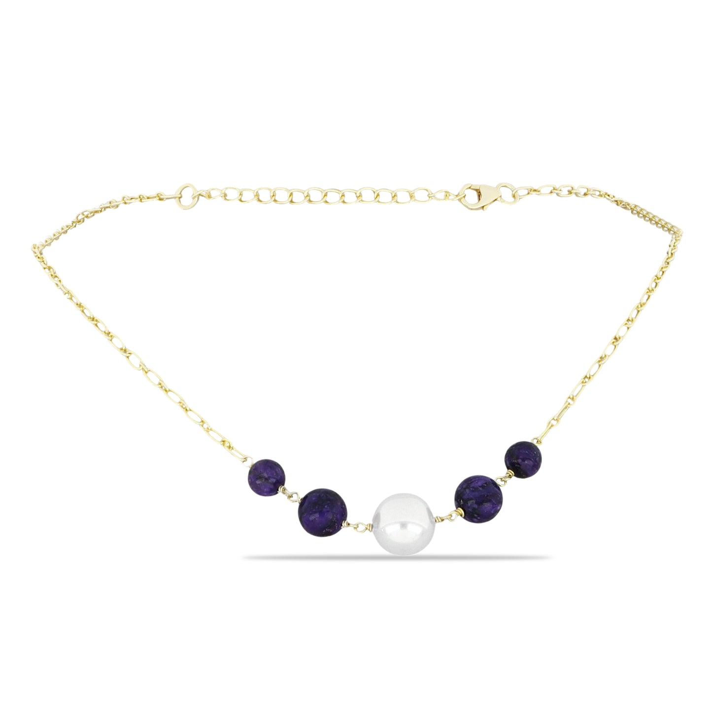 Colar de Prata com Banho de Ouro com Charoite e Pérola Branca de Água Doce Contraste: Cabeca de Veado (800)