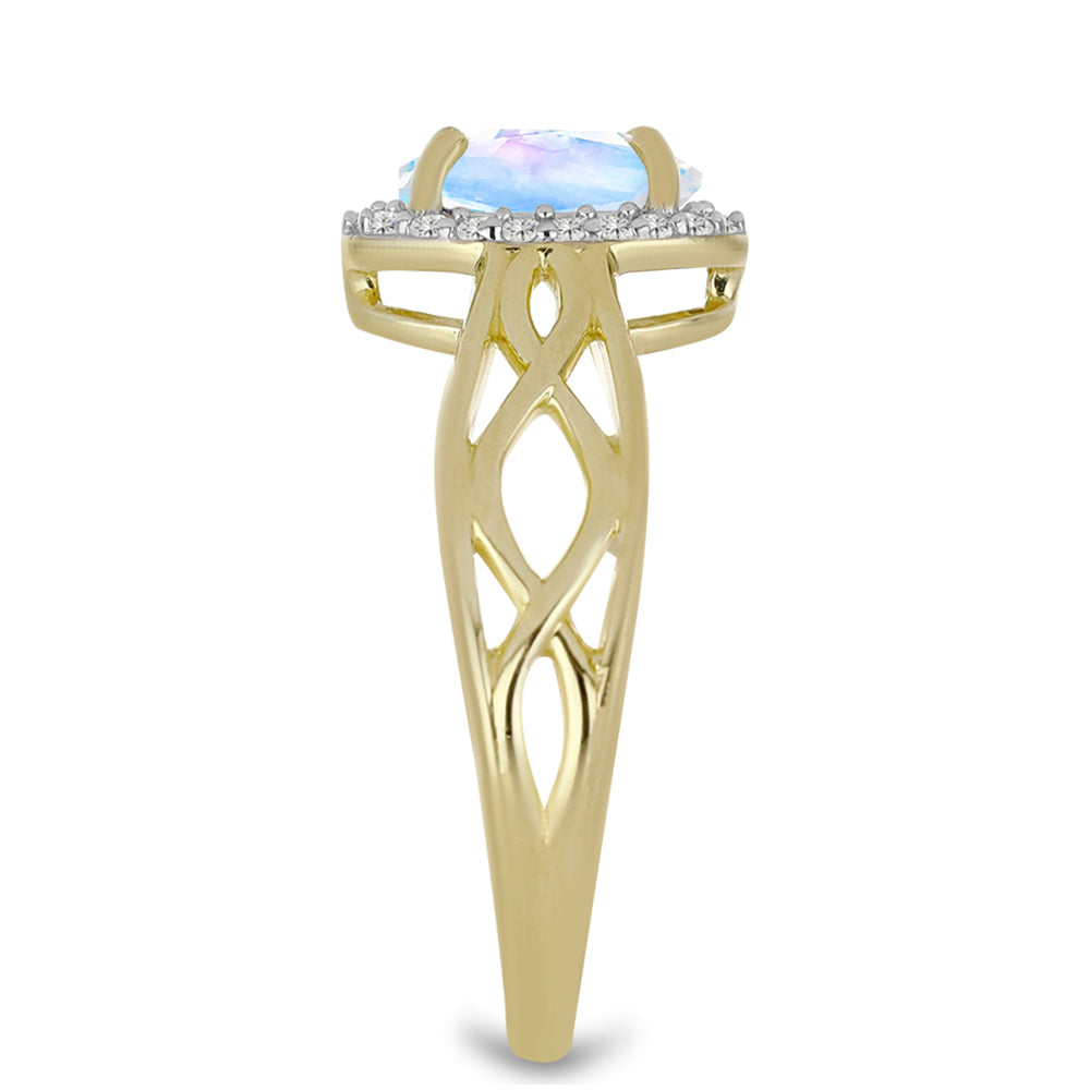 Anel de Prata com Banho de Ouro com Pedra da Lua Arco-íris e Topázio Branco