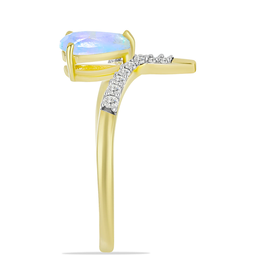 Anel de Prata com Banho de Ouro com Pedra da Lua Arco-íris e Topázio Branco