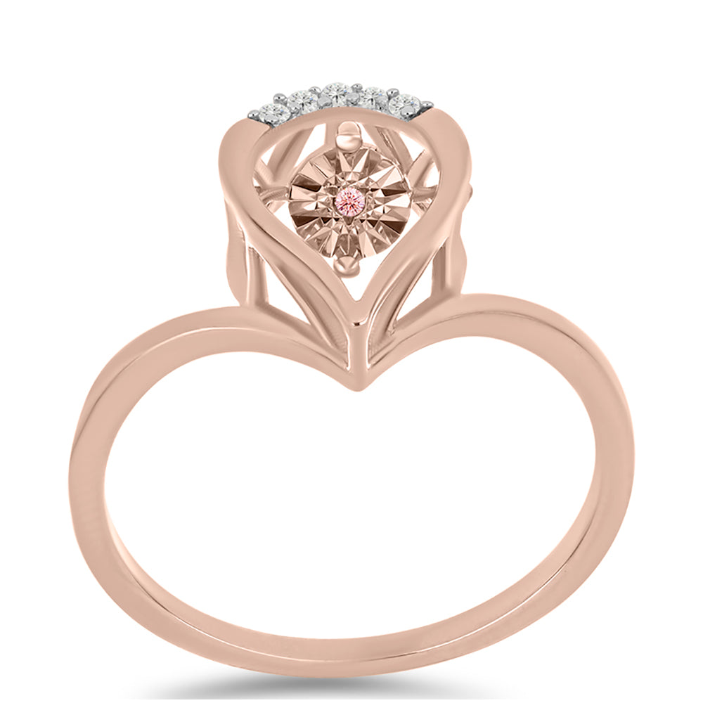 Anel de Prata com Banho de Ouro Rosa com Diamante Dançante Rosa e Topázio Branco