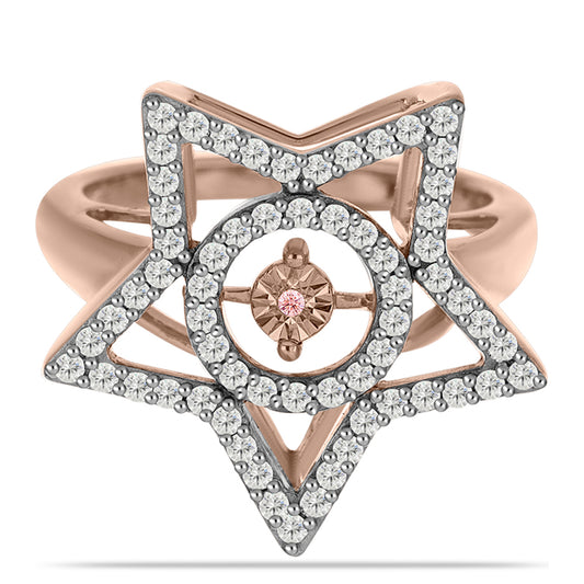 Anel de Prata com Banho de Ouro Rosa com Diamante Dançante Rosa e Topázio Branco Contraste: Cabeca de Veado (800)