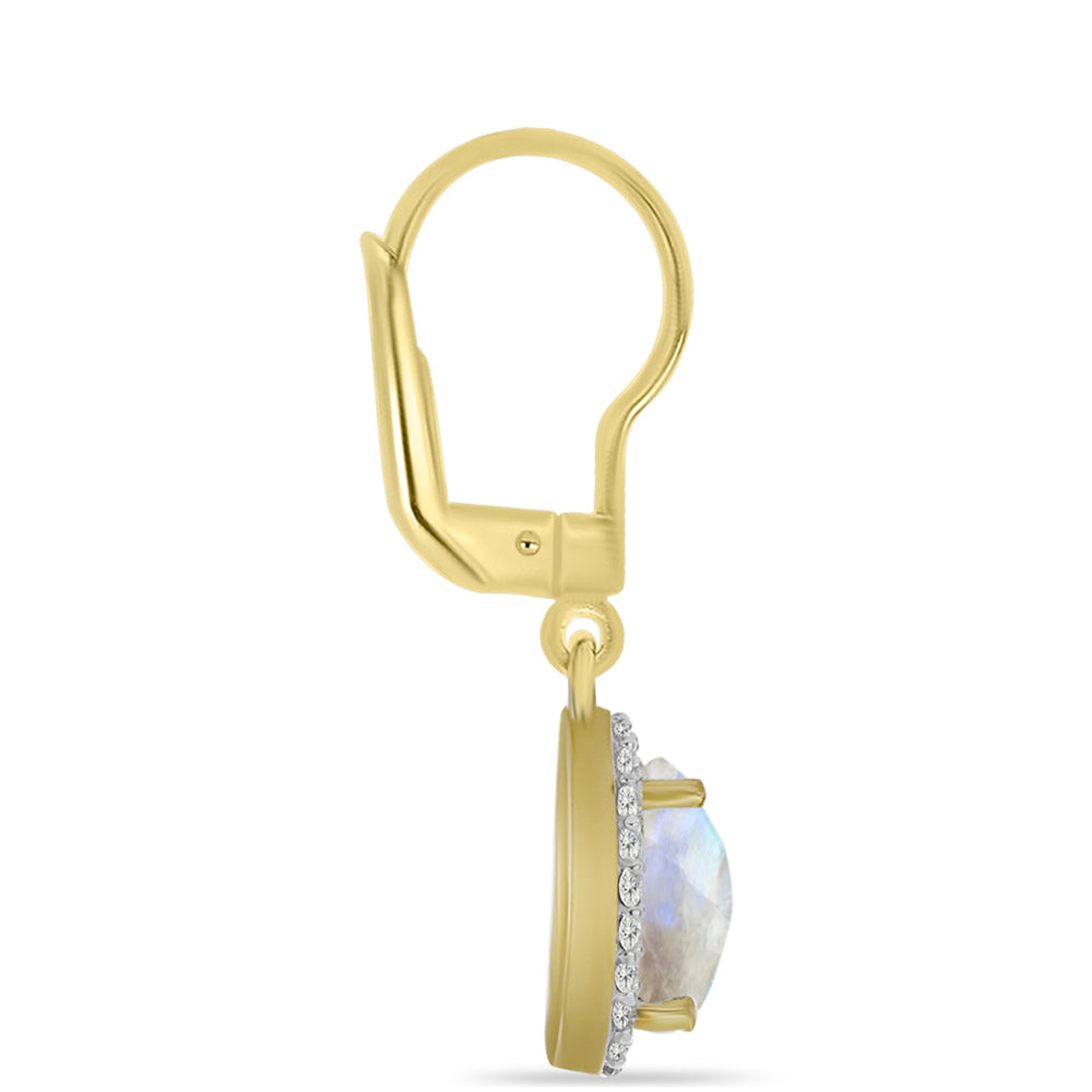 Brincos de Prata com Banho de Ouro com Pedra da Lua Arco-íris e Topázio Branco